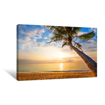 Image of Seascape Of Beautiful Tropical Beach With Palm Tree At Sunrise  Sea View Beach In Summer Background Canvas Print