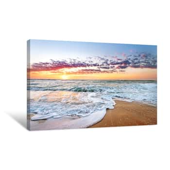 Image of Colorful Ocean Beach Sunrise With Deep Blue Sky And Sun Rays    Canvas Print