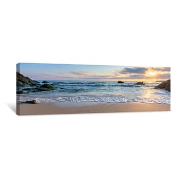 Image of Sunrise On The Beach  Beautiful Summer Scenery  Rocks On The Sand  Calm Waves On The Water  Clouds On The Sky Canvas Print
