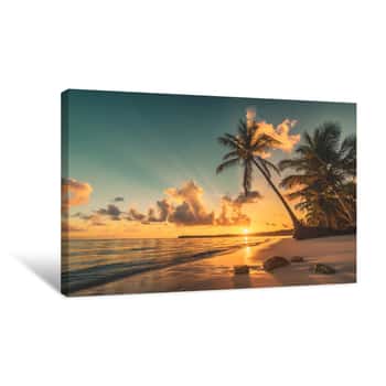 Image of Tropical Beach In Punta Cana, Dominican Republic  Palm Trees On Sandy Island In The Ocean Canvas Print
