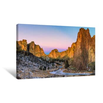 Image of Winter Sunrise At Smith Rock State Park With A Dusting Of Snow And A Frozen Crooked River Canvas Print