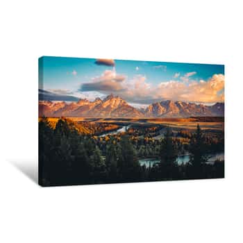 Image of Grand Tetons Peak At Sunrise With Snake River Overlook In Wyoming, US Canvas Print