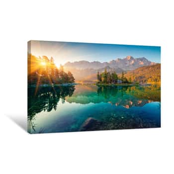 Image of Impressive Summer Sunrise On Eibsee Lake With Zugspitze Mountain Range  Sunny Outdoor Scene In German Alps, Bavaria, Germany, Europe  Beauty Of Nature Concept Background Canvas Print