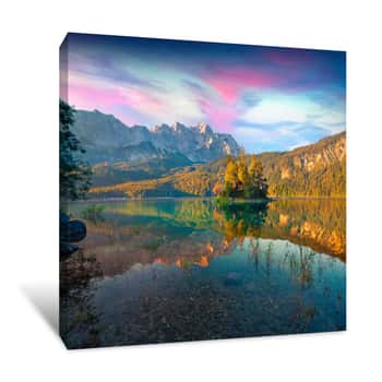 Image of Colorful Summer Sunrise On The Eibsee Lake In German Alps Canvas Print