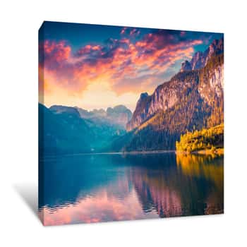 Image of Colorful Summer Sunrise On The Vorderer Gosausee Lake Canvas Print