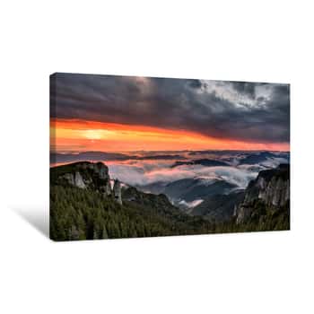 Image of Panorama Of A Beautiful Mountain View With Fog Over The Peaks At Sunrise, Ceahlau Massif, Eastern Carpathians, Moldova, Romania Canvas Print