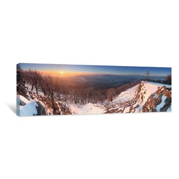 Image of Frosty Sunrise Panorama In Beauty Winter Mountains Canvas Print