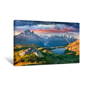 Image of Colorful Summer Sunrise On The Lac Blanc Lake With Mont Blanc (Monte Bianco) On Background Canvas Print