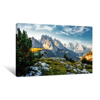 Image of Incredible Colorful Morning Scene Over The Dolomites Alps During Sunrise  Wonderful Nature Landscape  Awesome Alpine Highlands In Sunny Day  Perfect Sky Ahd Majestic Mountains Peaks Under Sunlight Canvas Print