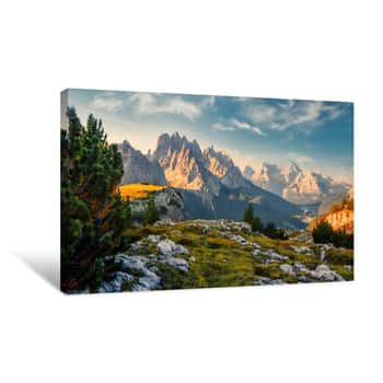 Image of Scenic Image At Alps During Sunrise  Incredible Summer Landscape  Panorama Of Dolomiti, Tre Cime Di Lavaredo  Drei Zinnen  The Most Beautiful Attraction Of Dolomites Alps  Italy  Awesome Nature Canvas Print