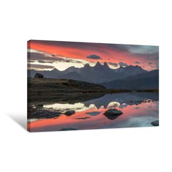 Image of Lever Du Soleil Avec Nuages Rouges Sur Paysage Des Alpes , Lac Guichard En Savoie Canvas Print