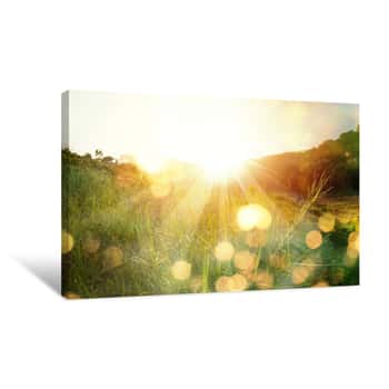 Image of Beautiful Sunrise In The Mountain  Meadow Landscape Refreshment With Sunray And Golden Bokeh Canvas Print