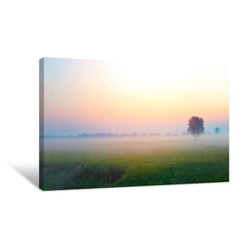 Image of Landscape Meadow With Tree Dramatic Sky Fog And Beautiful Autumn Morning Canvas Print