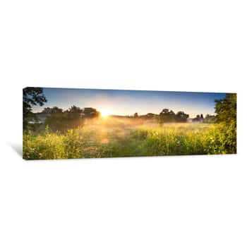 Image of Landscape Panorama With Sunrise And Forest And Meadow Canvas Print