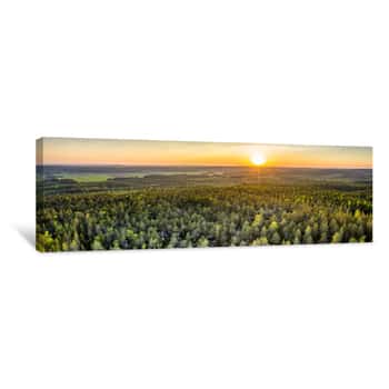 Image of Drone Photo Of Sunrise Over Forest In North Sweden - Golden Sun Light With Beams And Shadows  Västerbotten, West Bothnia Province, North Of Sweden Canvas Print