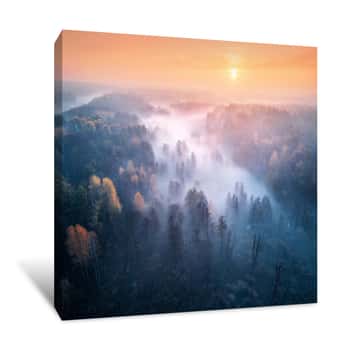 Image of Aerial View Of Foggy Forest And Meadows At Colorful Sunrise In Autumn  Beautiful Landscape With Trees In Fog, River, Fields And Orange Sky With Sun In The Morning  Fall Colors  Top View  Nature Canvas Print