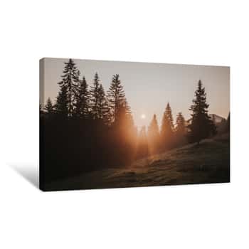 Image of Beautiful Autumn Scenic Panorama Of Foggy Carpathian Mountains At Early Morning  Spruce Forest, Covered With Fog On Mountain Canvas Print