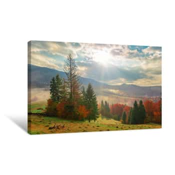 Image of Mountain Forest Under Beautiful Cloudy Sky On Background Canvas Print