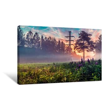 Image of Bright Sunrise In Colorful Foggy Forest With Tree And Power Line Canvas Print