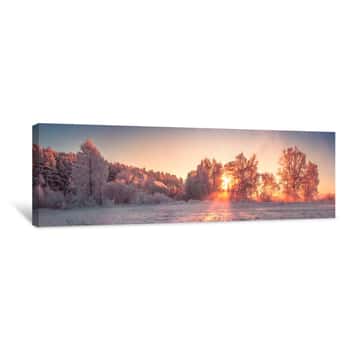 Image of Panorama Of Winter Nature Landscape At Sunrise  Christmas Background Canvas Print