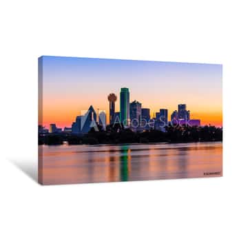 Image of Dallas Skyline At Sunrise With Water Reflections Canvas Print
