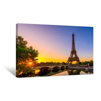 Image of View Of Eiffel Tower And River Seine At Sunrise In Paris, France  Eiffel Tower Is One Of The Most Iconic Landmarks Of Paris Canvas Print