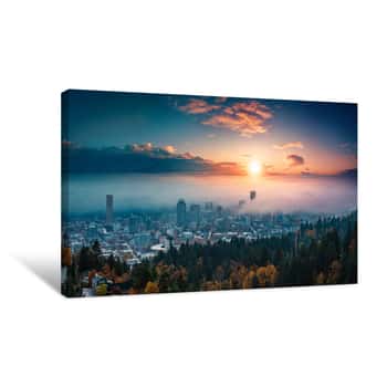 Image of Portland Downtown With Rolling Fog And Autumn Foliage In Shining Sunrise And Colorful Clouds Canvas Print