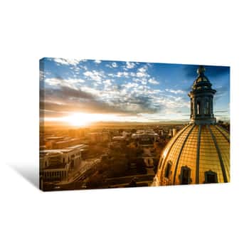 Image of Aerial/Drone Photograph Of A Sunset Over The Colorado State Capital Building   Capital City Of Denver   The Rocky Mountains Can Be Seen On The Horizon Canvas Print