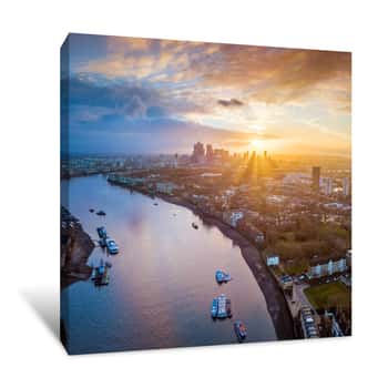 Image of London, England - Panoramic Aerial Skyline View Of East London At Sunrise With Skycrapers Of Canary Wharf And Beutiful Colorful Sky At Background Canvas Print