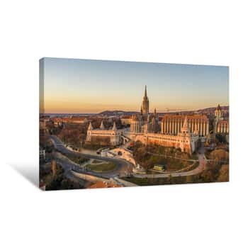 Image of Aerial Drone Shot Of Matthias Church On Buda Hill During Budapest Sunrise At Dawn Canvas Print
