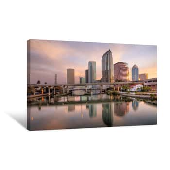 Image of Beautiful Pink Sunrise And Reflections In Downtown Tampa Canvas Print