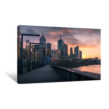 Image of Melbourne Cityscape At Sunrise With Melbourne CBD Skyscrapers And Southbank Canvas Print