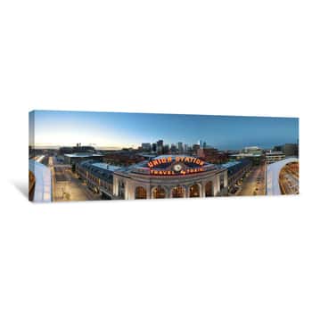 Image of Union Station Panorama With Neon Travel By Train Sign And Clock And Denver City Skyline In The Background At Sunrise Canvas Print