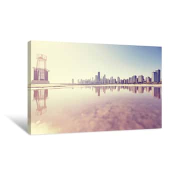 Image of Retro Toned Sunrise In Chicago, City Skyline Reflected In A Puddle, USA Canvas Print