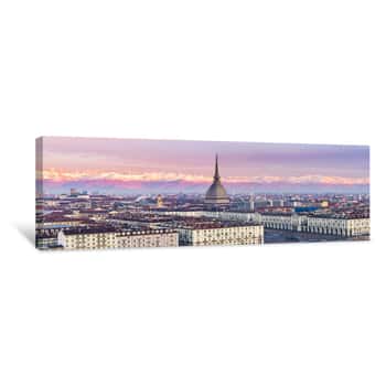 Image of Italia: Torino Skyline (Turin, Italy), Cityscape At Sunrise With Details Of The Mole Antonelliana Towering Over The City  Scenic Colorful Light On The Snowcapped Alps In The Background Canvas Print