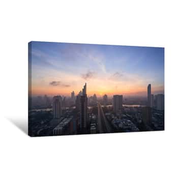 Image of Cityscape Of Sunrise With Skyline And Bridge Cross The River Canvas Print