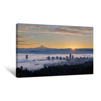 Image of Sunrise Over Foggy Portland Cityscape With Mt Hood Canvas Print