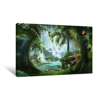 Image of Beautiful Jungle Beach Lagoon View With A Jaguar, Palm Trees And Tropical Leaves, Can Be Used As Background Canvas Print