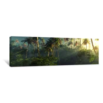 Image of Sunrise In The Jungle, Palm Trees In The Fog In The Morning, The Rays Of The Sun In The Palm Trees, Canvas Print