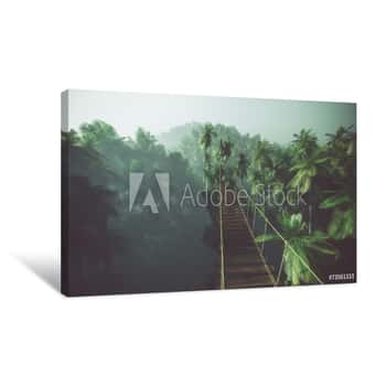 Image of Rope Bridge In Misty Jungle With Palms  Backlit Canvas Print