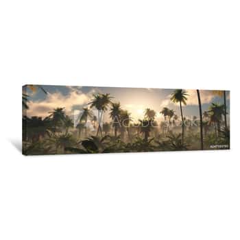 Image of Morning In The Jungle, Jungle In The Fog, Panorama Of The Rainforest, Palm Trees In The Fog, Jungle In The Haze, Canvas Print