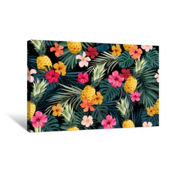 Image of Seamless Hand Drawn Tropical Vector Pattern With Exotic Palm Leaves, Hibiscus Flowers, Pineapples And Various Plants On Dark Background Canvas Print
