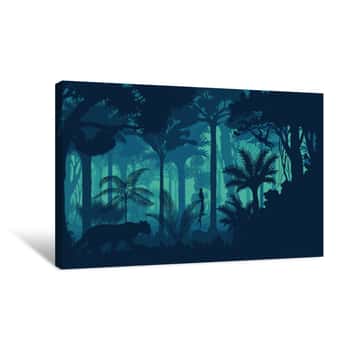 Image of Vector Evening Tropical Rainforest Jungle Background With Jaguar, Sloth, Monkey And Qetzal Canvas Print