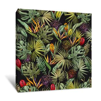 Image of Seamless Pattern With Colorful Exotic Flowers And Green Tropical Leaves  Hand Drawn Vector On Black Background Canvas Print