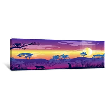 Image of Rainforest Horizontal Landscape With Leopard, Cheetah, Monkey, Exotic Plants, Trees Outline  Jungle Panorama With Sun, Palms And Tropical Animals’ Silhouettes  Wild Nature Banner In Trendy Neon Colors Canvas Print