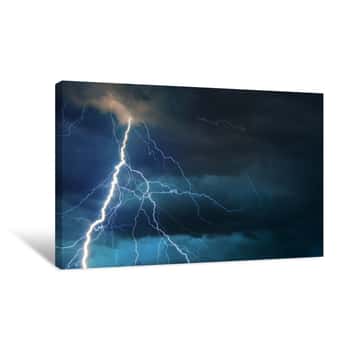 Image of Fork Lightning Striking Down During Summer Storm Canvas Print