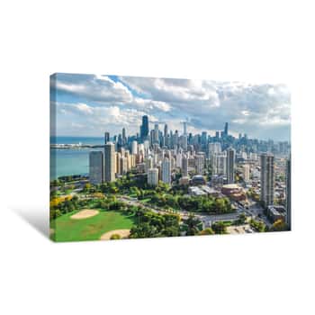 Image of Chicago Skyline Aerial Drone View From Above, Lake Michigan And City Of Chicago Downtown Skyscrapers Cityscape From Lincoln Park, Illinois, USA Canvas Print