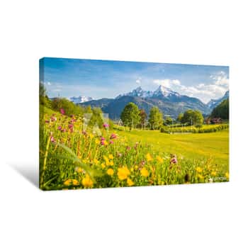 Image of Idyllic Mountain Scenery In The Alps With Blooming Meadows In Springtime    Canvas Print