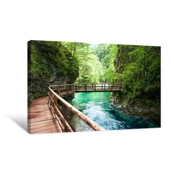 Image of Wooden Bridge Above Mountain River, Wild Nature Landscape  Clean Water Canvas Print