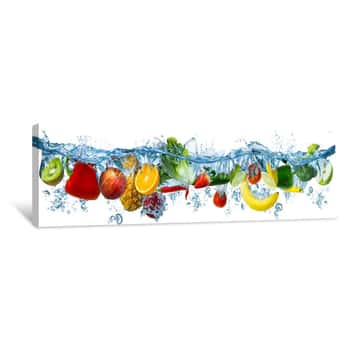 Image of Fresh Multi Fruits And Vegetables Splashing Into Blue Clear Water Splash Healthy Food Diet Freshness Concept Isolated White Background Canvas Print